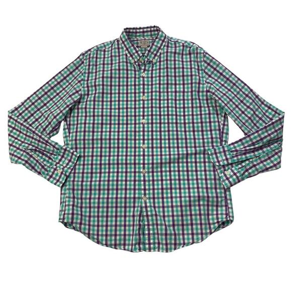 J Crew Shirt Mens L Large Purple Teal Cotton Woven Gingham Plaid Button Down - Picture 1 of 9